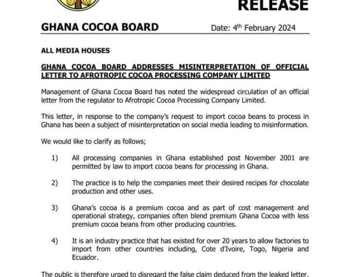Ghana Cocoa Board Clarifies Cocoa Importation Approval: Urges Public to Disregard Misinterpretation Ghana Cocoa Board Clarifies Cocoa Importation Approval: Urges Public to Disregard Misinterpretation