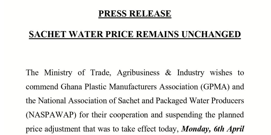  MoTAI Announces Unchanged Sachet Water Prices; Commend GPMA for Cooperation