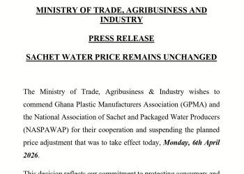  MoTAI Announces Unchanged Sachet Water Prices; Commend GPMA for Cooperation